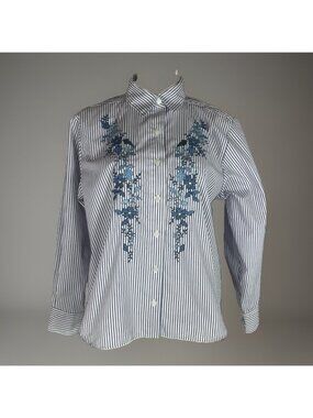 Bon worth Women’s Petite M Blue White Strip Floral Button Up Blouse Embroidered